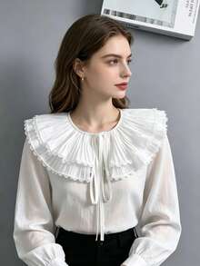 DA FEN QI MI MA 1 chiếc cổ áo giả ren xếp ly có thể tháo rời, cổ áo bằng vải chiffon trắng, thích hợp cho áo len/áo sơ mi. - trắng - Xem 4