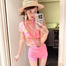 Sexy swimsuit women's 2026 new printed T-shirt looks thin and beautiful, cute, small breasts split, flat angle hot spring vacation - ピンク(高品質) - チェックする 5