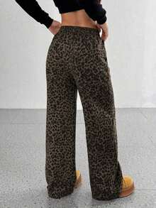 Pantalones rectos de cintura alta con estampado de leopardo retro, cintura elástica con cordón, estilo callejero casual de chica americana, para primavera y otoño - Multicolor 2 - Ver 2