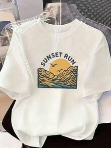 Short-Sleeve T-Shirt With Wave And Seagull Print, Fashionable Short-Sleeve T-Shirt For Spring And Summer 2026, Made In Mexico, 180 Grams. Cartoon Print, Couple Design, Suitable For Indoor Or Outdoor Wear. Crew Neck, Unisex, Ideal For Office And Leisure. One-Piece Pack. - WH-P631577SLNDXZGY421 - 查看 2