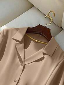 Camisa de manga corta con cuello vuelto de color sólido para mujer, estilo casual, para verano - Marrón 2 - Ver 3