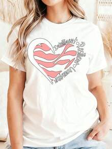 Women's Valentine's Day Heart Print T-Shirts, Elegant, Beautiful, With A Casual And Modern Style, Round Neck, Soft And Comfortable, Ideal For Everyday Wear, Parties, Or As A Gift. Suitable For Spring, Summer, And Autumn. - 白色 - 查看 7