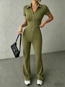 KKONE Two-Piece Set: Plain Color Crop Top And Bell Leg Pants - Olive Green - View 2