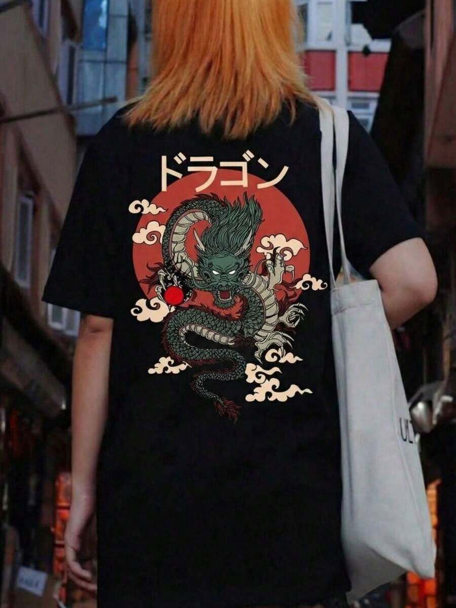 Camiseta casual de mujer con estampado gráfico de dragón estilo Ukiyo-E japonés, camiseta vintage de manga corta y cuello redondo de corte holgado, top de moda Y2K con estética Harajuku, ropa de calle, ligera, transpirable y cómoda para uso diario, ideal para convenciones de anime, eventos culturales japoneses, estilo callejero, festivales de música, salidas informales, regalo para entusiastas de la cultura japonesa y el arte del dragón. - Negro - Ver 1