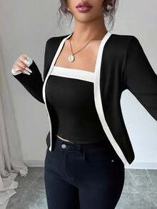 Set de 2 piezas: Top de mangas largas con panel de color elegante de frente abierto y camiseta sin mangas para mujer - Multicolor 4 - Ver 5