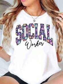 Camiseta Casual para Mujer, Blanca, Cuello Redondo, con Estampado Floral de Trabajador Social, para Uso Diario, 220g, 100% Algodón, Duradera - Blanco - Ver 6