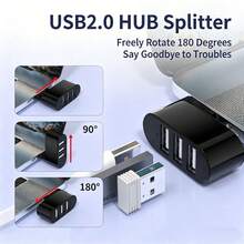 3端口USB 2.0旋转式集线器分线器，180°/360°旋转设计，适用于笔记本电脑/台式机的紧凑型USB扩展器，多端口适配器，兼容USB-A/USB-C设备，即插即用，黑/白随机颜色 - 查看 1