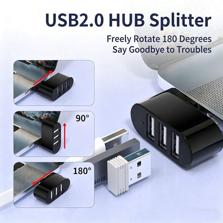 3端口USB 2.0旋转式集线器分线器，180°/360°旋转设计，适用于笔记本电脑/台式机的紧凑型USB扩展器，多端口适配器，兼容USB-A/USB-C设备，即插即用，黑/白随机颜色 - 查看 1