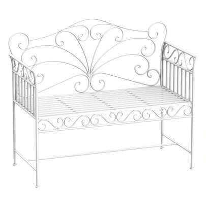 45" Patio Bench, Outdoor GardenCast Iron,White Porch Benches For Outside, Heavy Duty Metal Seating For 2