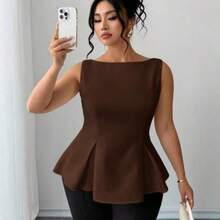 Plus Size Women's Cream Almond Off-Shoulder Split-Front A-Line Dress With Ruffle Hem, Elegant French Romantic Vintage Commute Business Beach Casual Minimalist Versatile, New Spring/Summer Wedding Party Afternoon Tea Women Elegant Outfits Tops For Women Elegant Classy Peplum Tops Women Latest Tops For Women New Arrivals Peplum Top Curve - Marrón - Ver 1
