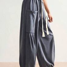 BohoFeels Plus Size Drawstring Waist Loose Pocket Wide Leg Pants - Morado - Ver 6