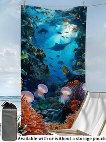 【便携速干柔软】夏季吸水超细纤维沙滩巾 | 70*140cm/90*180cm 可选 | 可选配收纳袋 | 印有水下珊瑚鱼图案 | 适用于海滩、浴室、露营、健身、旅行 - 深藍色 - 查看 7