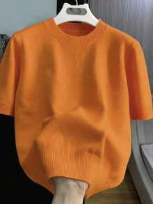 Camiseta de punto de manga corta de unicolor casual y versátil para hombres, adecuada para el uso diario y el transporte - Naranja Coral - Ver 3