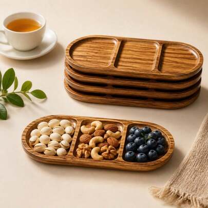 1/6PCS Partitioned Wooden Pallets, Wooden Tray, Serving Tray, Oval Multi-Purpose Wooden Bowl Tray For Snack Cake Fruit Tea Perfect For Home Kitchen Afternoon Tea Party Cafe Living Room Bedroom Wedding Decoration