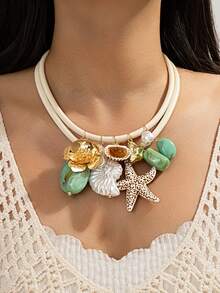 1pc Bohemian Sea Themed Shell & Starfish Pendant Necklace, Vintage Vacation Style Leather Cord Choker, Suitable For Summer Beach Trip/Music Festival/Cruise Party - Multicolor - View 2