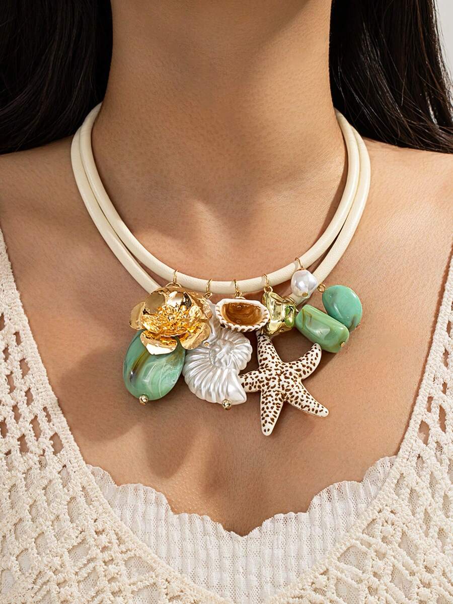 1pc Bohemian Sea Themed Shell & Starfish Pendant Necklace, Vintage Vacation Style Leather Cord Choker, Suitable For Summer Beach Trip/Music Festival/Cruise Party