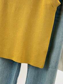 Top de punto de cuello redondo en color sólido para mujer de , minimalista y versátil, para verano. - Amarillo Mostaza - Ver 7