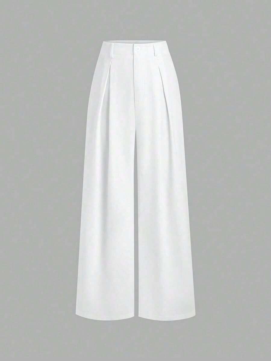 Pantalones anchos plisados de jacquard elegante vintage para mujer, para otoño/invierno - Blanco - Ver 1