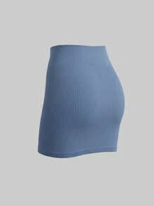 1 pieza Minifalda de punto sin costuras de moda para mujer, falda ajustada y elástica de cintura alta para verano - Neblina azul - Ver 7