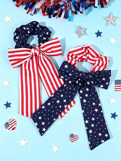 2PCS 4th Of July Independence Day Bow Hair Tie For Girls,Fourth Of July American Founding Day Hair Elastics July 4th , USA Flag Star Print Hair Scrunchies Headdress For Holiday Party Street Parades And Patriotic Girls' Hair Accessories.