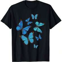 Solt Vintage T-Shirt With Blue Morpho Butterfly Swarm Print, For Lepidoptera Lovers And Entomologists. Suitable For Year-Round Wear, This Short-Sleeved, Crew-Neck T-Shirt Features A Single-Sided Print And Is Made Of Pure Cotton. A Fun And Stylish Graphic Design For Women. - 黑色1 - 查看 7