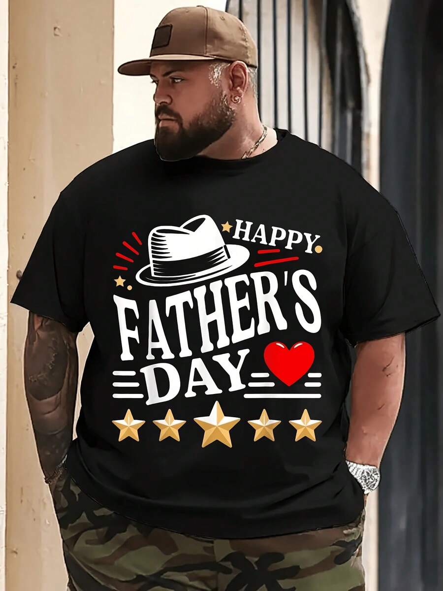 Men's Vintage T-Shirt For Father's Day - Happy Father's Day Print T-Shirt, Top Hat Design, Black T-Shirt, Gift For Dad - Birthday And Anniversary Gift - Classic Casual Crew Neck T-Shirt, Suitable For Everyday Wear And Special Occasions, Summer Essential In Plus Sizes - 黑色 - 查看 1