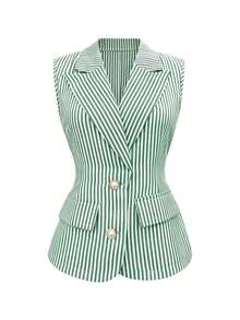 Blazer delgado y versátil de mujer con solapa, botones frontales y sin mangas a rayas - Verde - Ver 5