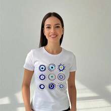 Free Shipping, Local Delivery In Mexico, Delivery In 4 Days. Women's Youth Crew Neck Short Sleeve T-Shirt, Fashionable Turkish Eye Design, Casual Polyester, Home, Garden, Travel, Soft, Spring/Summer, Slim Fit - White - View 4