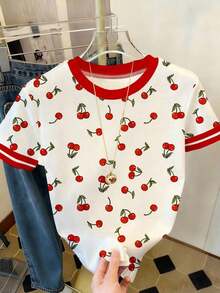 Camiseta de mujer de manga corta y cuello redondo con estampado de cerezas - Multicolor - Ver 3