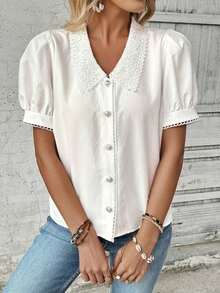 Camisa casual de mujer de manga corta con encaje de contraste - Blanco - Ver 5