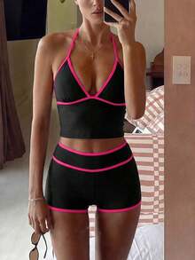 Bikini de 2 piezas con tiras de espagueti, copa triangular y shorts de cintura alta en contraste de azul y albaricoque, estilo dulce para mujer, Primavera/Verano 2026 - Negro - Ver 6