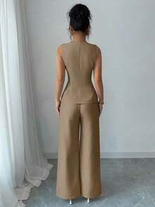 Traje casual/de trabajo elegante de mujer con decoración de botones florales - Marrón - Ver 2