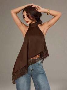 Top asimétrico de cuello alto con escote de halter y ribete de encaje para fiesta de noche, cóctel, formal, elegante, sin mangas para salida nocturna, boda, invitado, verano, otoño, hombros descubiertos - Marrón - Ver 4