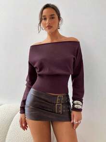 Suéter morado de manga larga, cuello asimétrico y hombros descubiertos, de punto ajustado para mujer, para otoño/invierno - Morado - Ver 3