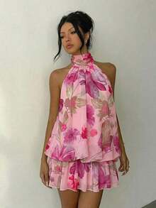 Vestido mini elegante de mujer con estampado de lunares y escote halter sin espalda - Rosa - Ver 3