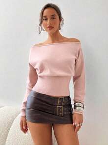 Jersey marrón de manga larga, cuello ajustado y hombros asimétricos descubiertos para mujer, para otoño/invierno - Rosa Pálido - Ver 3