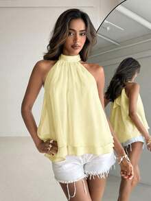 Camiseta sin mangas de gasa con cuello halter, fruncida y con línea A, de estilo bohemio minimalista y sexy, color morado berenjena, para primavera/verano - Amarillo claro 2 - Ver 4