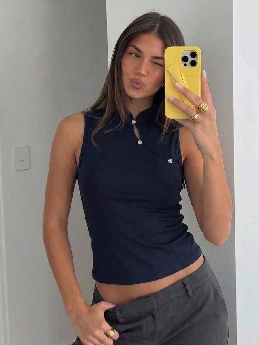 de estilo chino retro con cuello de cheongsam para mujer, top negro casual, top de pullover adecuado para vacaciones, fiestas, elegante para mujer, uso diario casual.Top negro sin mangas de cuello alto, top negro de verano - Azul marino - Ver 1