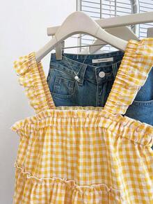 Blusa holgada sin mangas de estilo casual a cuadros para mujer, versátil para el verano - Amarillo - Ver 6