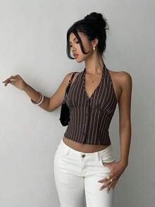 delgado de mujer de algodón con rayas, cuello alto y abotonadura sencilla, para otoño/invierno - Marrón 2 - Ver 3