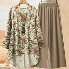 Women's Casual Commuter Solid Color Front Short Back Long Top & Floral Print Long Pants 2 Pieces Set  Omen's Full Print Round Neck Long Sleeve High-Low Hem Top And Wide Leg Pants Loose 2 Pieces Set Two Pieces Pants Set Women Blouse And Pants Set Women Ladies Casual Pants Set Women Two Pieces Outfit Summer Pants Sets Women's Solid V-Neck Short Sleeve Shirt And Printed Pants Casual Suit 2pcs Summer Women Allover Allover Print Short Sleeve Top And Solid Color Pants Set Fall Women Clothes Fall Cloth - Negro - Ver 2