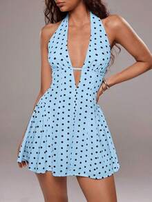 Vestido corto de verano con escote halter y espalda descubierta, con estampado de lunares sexy para mujer - Azul - Ver 4