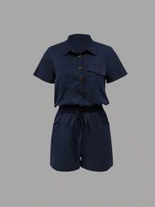 Lunessa Mono informal de camisa de bolsillo de verano para mujeres - Azul marino - Ver 9