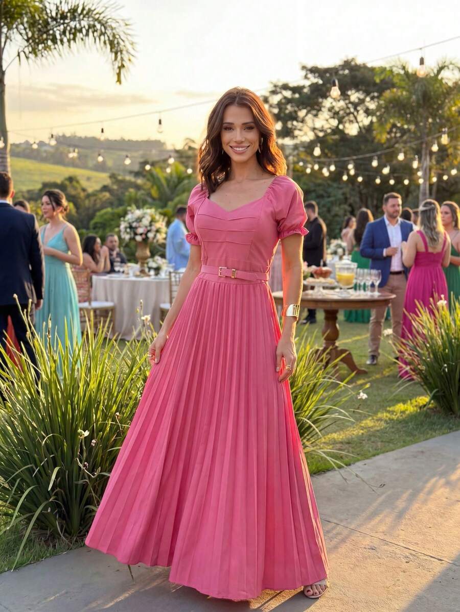 Women's Long Pleated Dress With Padded Cups, Elasticated Waist, Belt, Excellent Fit, Elegant, Soft Fabric - 番石榴 - 查看 1
