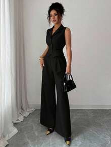 Traje de chaleco y pantalones con ribete de contraste elegante para mujer, todos los atuendos para mujer, de vuelta a la escuela, atuendos de maestra para mujer, vestido de invitada de boda elegante, casual de negocios para mujer, vestido de in - Negro - Ver 3