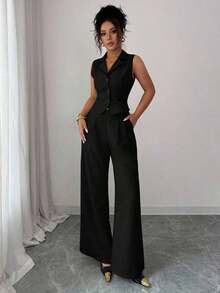 Traje de chaleco y pantalones con ribete de contraste elegante para mujer, todos los atuendos para mujer, de vuelta a la escuela, atuendos de maestra para mujer, vestido de invitada de boda elegante, casual de negocios para mujer, vestido de in - Negro - Ver 6