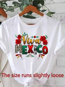 Women's T-Shirt For Mexican Independence Day - Graphic T-Shirt With "Viva México" And Floral Roses - Casual Party Outfit - Garment Celebrating Mexican Heritage - Suitable For Everyday Wear In Spring And Summer - 白色 - 查看 1