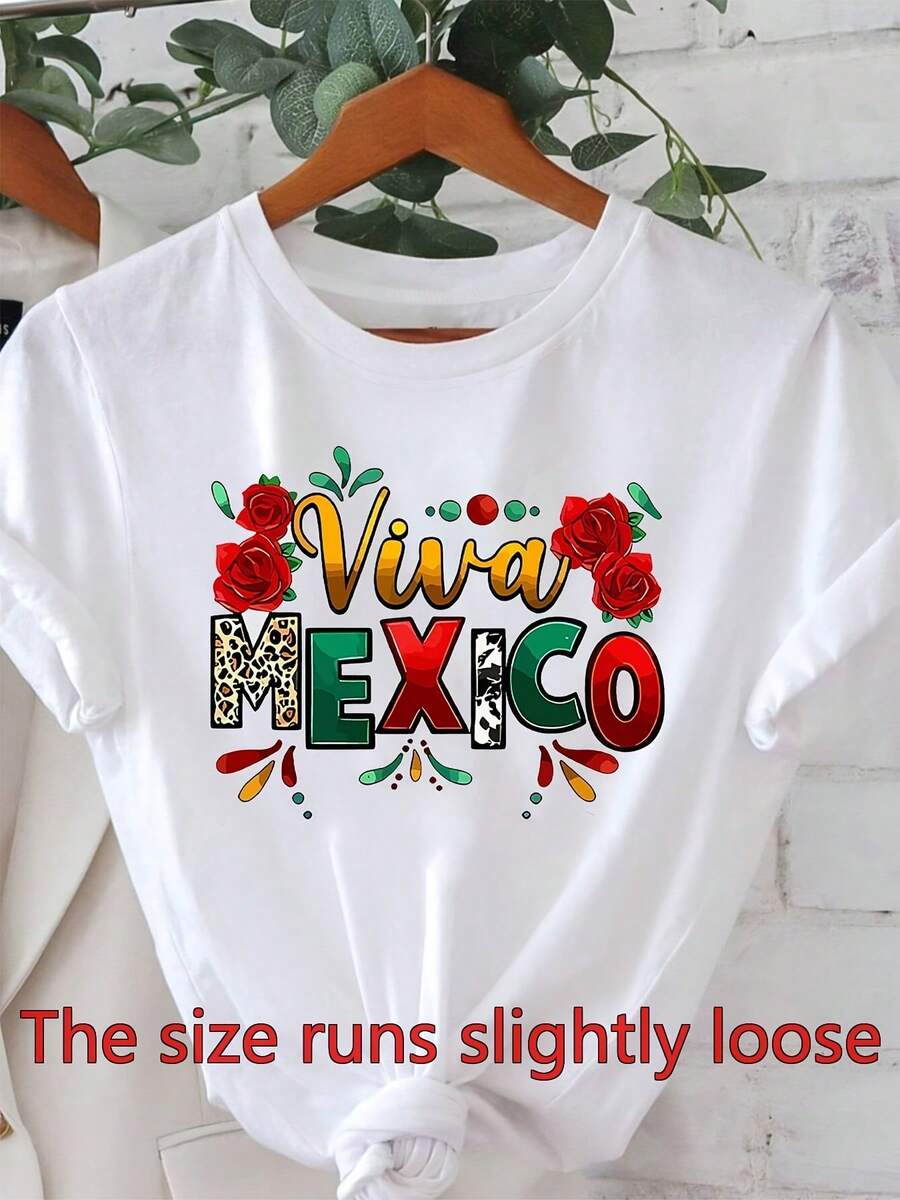 Women's T-Shirt For Mexican Independence Day - Graphic T-Shirt With "Viva México" And Floral Roses - Casual Party Outfit - Garment Celebrating Mexican Heritage - Suitable For Everyday Wear In Spring And Summer - 白色 - 查看 1
