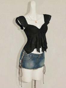 Top sin mangas con volantes, escote con pliegues, ajuste ceñido, parches de malla sexy, espalda con lazo, top casual de vacaciones - Negro - Ver 7