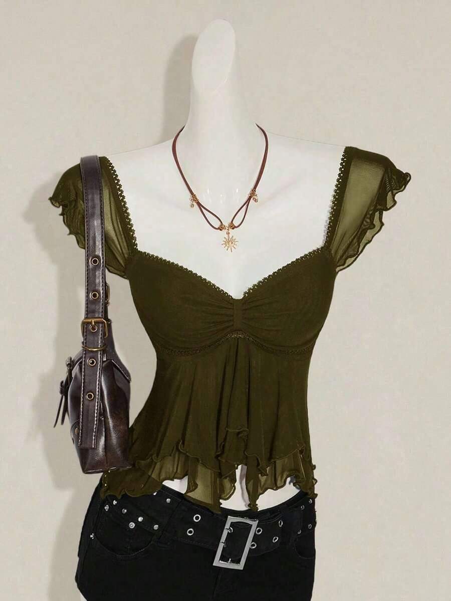 Top sin mangas con volantes, escote con pliegues, ajuste ceñido, parches de malla sexy, espalda con lazo, top casual de vacaciones - Verde militar - Ver 1
